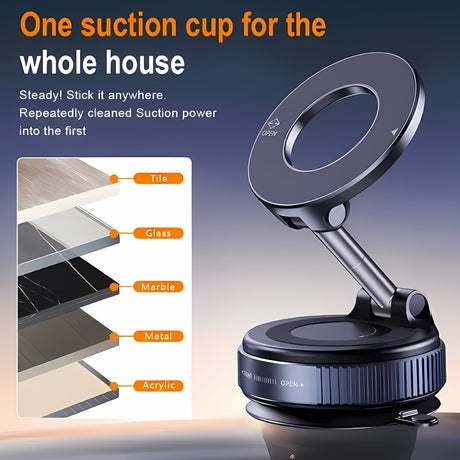 360° rotating magnetic phone holder with flexible suction cup for various surfaces like tile, glass, and metal.