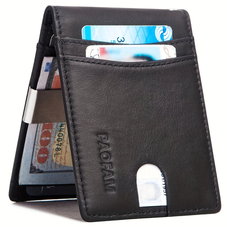 Top Layer Cowhide Bifold Wallet with RFID Blocking features, elegant design, and multiple card slots for convenience.