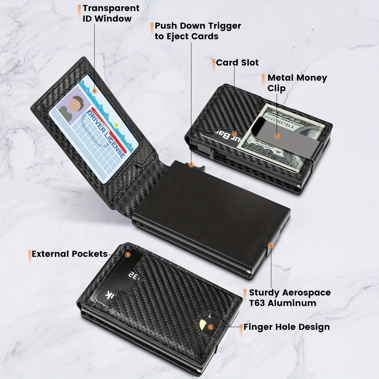 Slim RFID blocking bifold wallet features ID window, card slot, metal clip, and sturdy aluminum design.