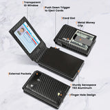 Slim RFID blocking bifold wallet features ID window, card slot, metal clip, and sturdy aluminum design.