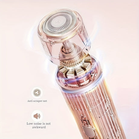 Close-up of a purple and pink electric razor for women showcasing the anti-scraper net and low noise features.