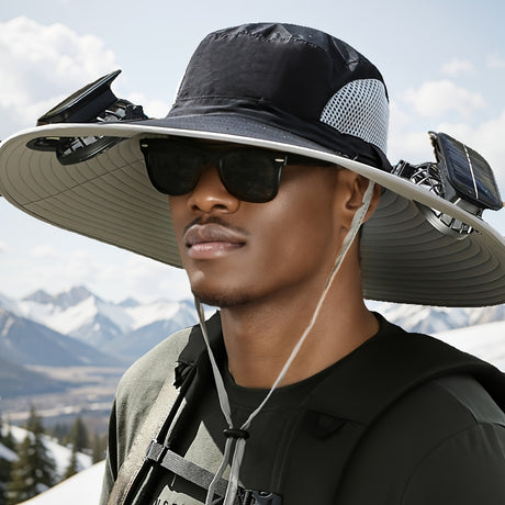 Men's sporty sun hat featuring solar fans and sunglasses, perfect for outdoor activities in sunny weather.