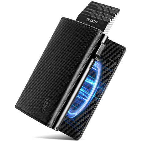 Men's minimalist leather wallet by IWANTIT, RFID-protected, slim design in black with top-grain leather, ideal for business use.