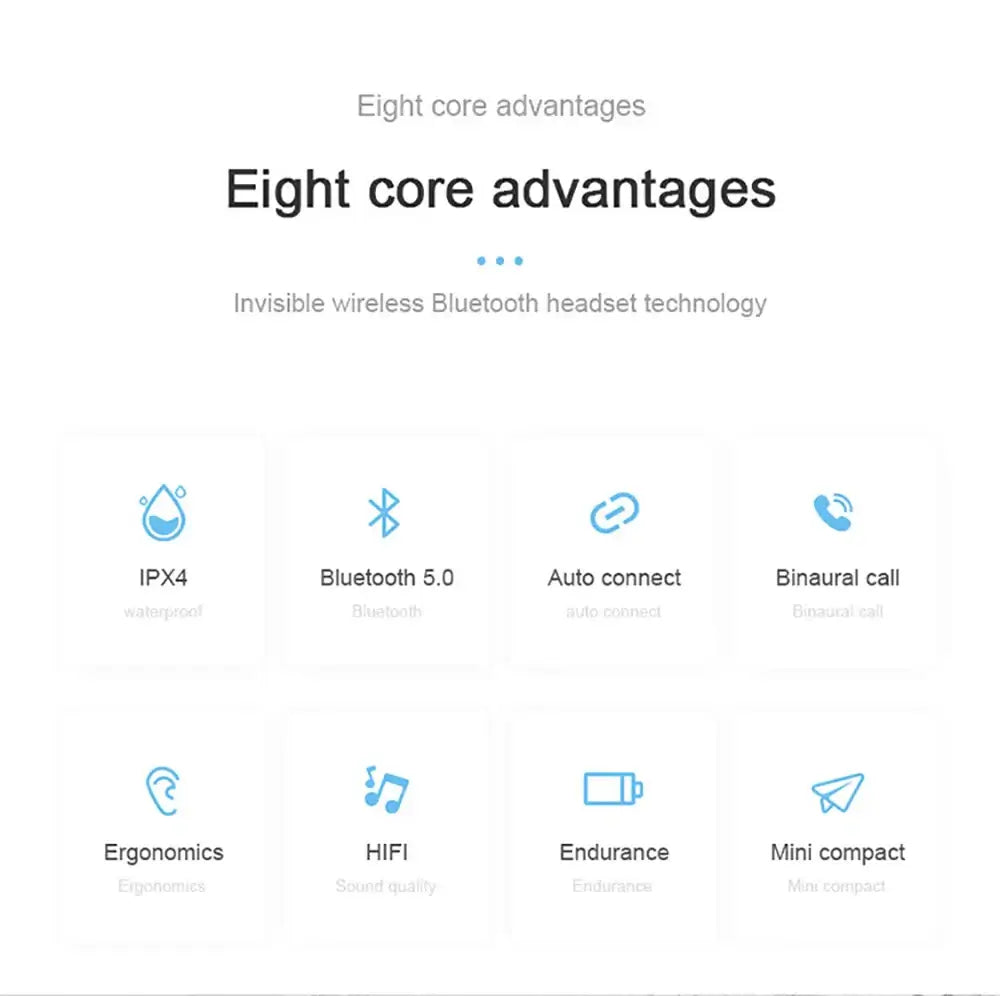 Eight core advantages of TWS A6S Bluetooth earbuds including waterproof, ergonomic, HIFI sound quality, and mini compact design.