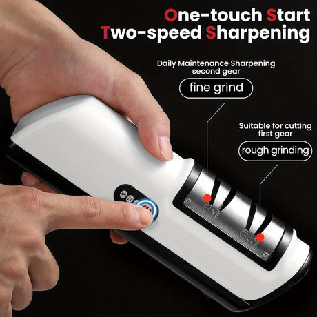 Electric knife sharpener with one-touch start, showing two-speed sharpening for fine and rough grinding.
