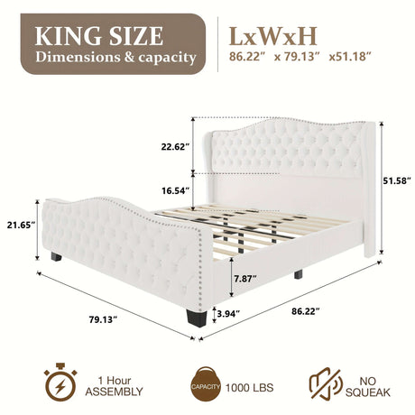 King size bed frame with dimensions 86.22" x 79.13" x 51.18", 1000 lbs capacity, featuring tufted design and no squeak.