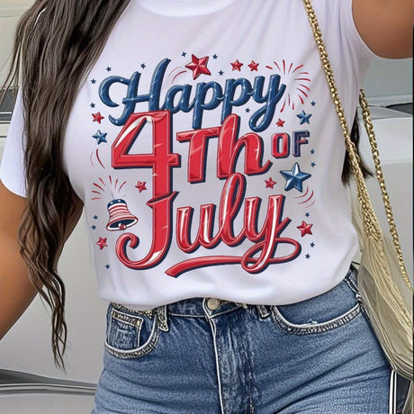 Women's 4th of July graphic tee featuring festive red, white, and blue design, perfect for celebrating Independence Day.