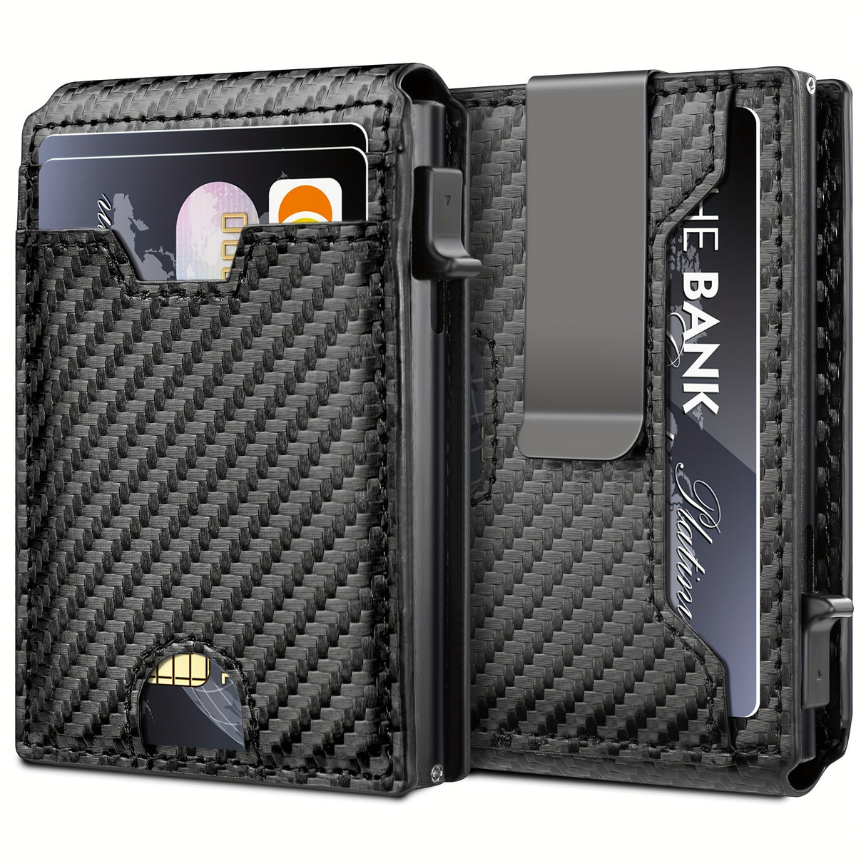 Slim RFID blocking bifold wallet made of carbon fiber leather in black, featuring card slots and a money clip.
