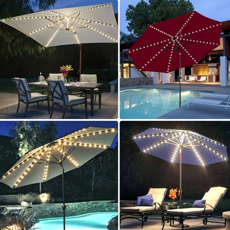 Cordless patio umbrella lights with remote control, showcasing different colors and elegant outdoor settings.