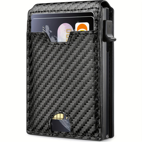 Slim RFID blocking bifold wallet in carbon fiber leather, elegantly designed for secure card storage.