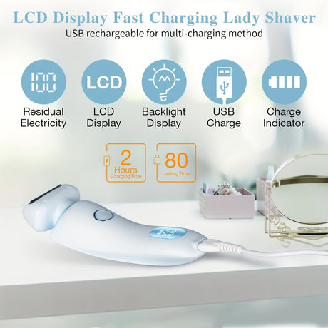 Electric shaver for women featuring LCD display, fast USB charging, and charge indicator for convenient use.