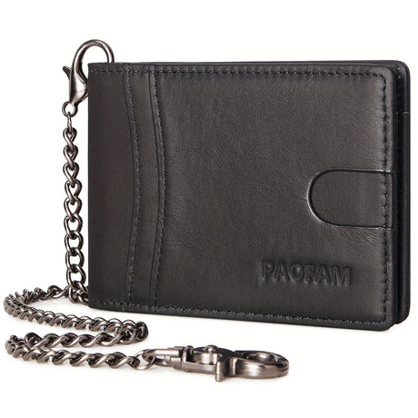 Top Layer Cowhide Bifold Wallet in black with chain, elegant RFID blocking design for secure storage.