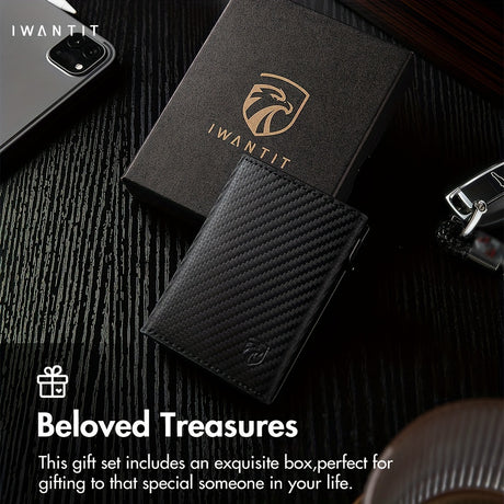 Men's minimalist leather wallet in gift box by IWANTIT, perfect for gifting, featuring RFID protection and slim design.