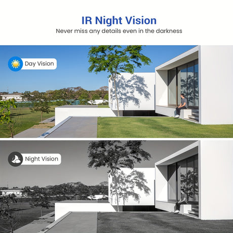 Comparison of day vision and IR night vision for a wireless doorbell camera showcasing outdoor clarity.