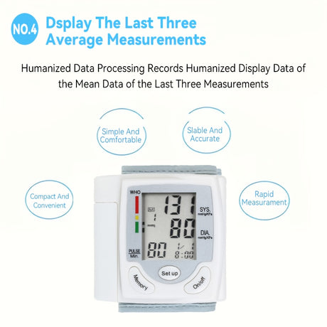 Automatic wrist blood pressure monitor displaying last three average measurements for accurate health tracking.