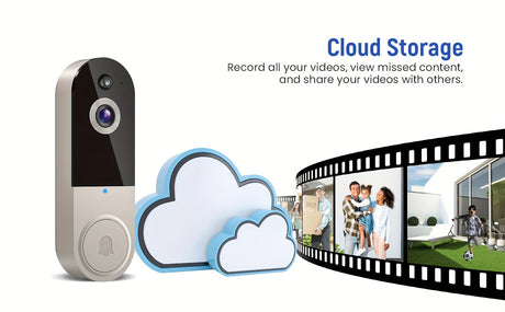 Wireless doorbell camera with cloud storage for video recording and sharing, featuring indoor and outdoor usage.