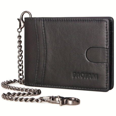 Top layer cowhide bifold wallet with RFID blocking, featuring a stylish chain for security and elegance.