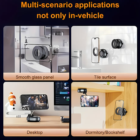 360° rotating magnetic phone holder showcased in various settings: glass panel, tiles, desk, and bookshelf.