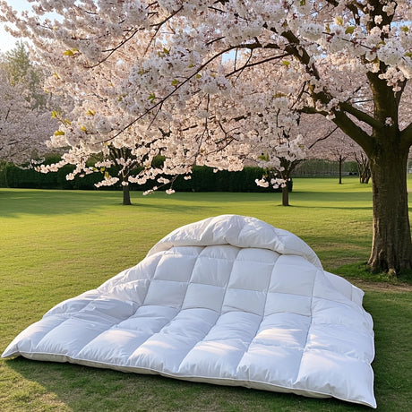 Queen Cooling Comforter on grass under cherry blossom trees, showcasing its plush and comfortable design for all seasons.
