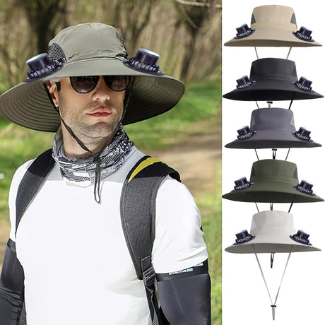 Men's adjustable fan hat in various colors, designed for outdoor comfort with USB rechargeable fans.