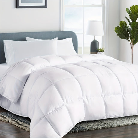 Queen Cooling Comforter in a stylish bedroom, featuring a white cotton cover and plush, quilted design.