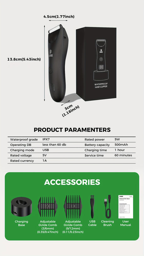 Professional body hair trimmer with specifications and accessories including charging base and USB cable.
