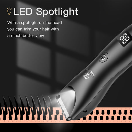 Professional body hair trimmer with LED spotlight for precise grooming and better visibility during use.