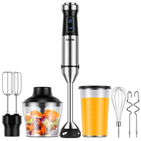 GDOR 6-In-1 immersion blender, 1000W mixer with attachments for chopping, whisking, and blending in sleek metal finish.