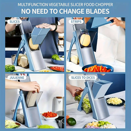 Collage of multifunctional vegetable slicer demonstrating slicing, dicing, and julienne features, with no blade changes required.