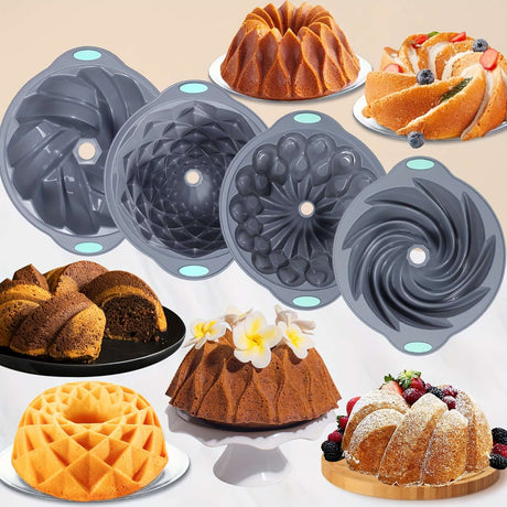4pcs Nonstick Silicone Cake Pan Set by TONGJUDE, ideal for baking fluted cakes in festive styles for holidays like Christmas and Thanksgiving.