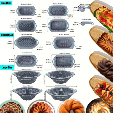 4pcs nonstick silicone cake pan set showing size dimensions and various fluted designs, perfect for holidays and baking.