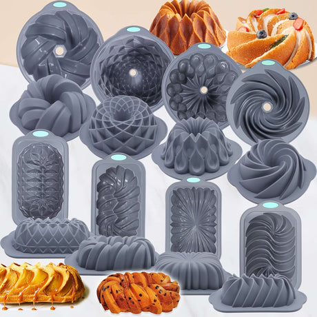 4pcs Nonstick Silicone Cake Pan Set featuring assorted fluted designs, perfect for baking festive cakes and desserts.
