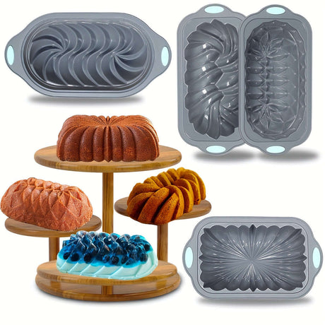 4pcs nonstick silicone cake pan set featuring fluted designs, ideal for festive baking and creating beautiful cakes.