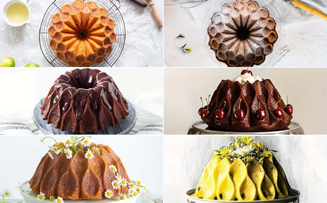 Collage of beautifully baked cakes in fluted silicone pans, showcasing various flavors and decorations.