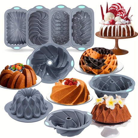 4pcs nonstick silicone cake pan set in various fluted designs with baked cakes, perfect for holidays and celebrations.