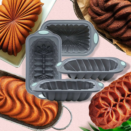 4pcs nonstick silicone cake pan set in various fluted shapes, perfect for baking holidays treats like cake and bread.