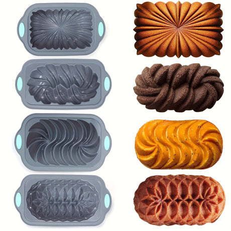4pcs nonstick silicone cake pan set showing fluted designs with finished cakes in various colors and textures.