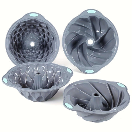 4pcs nonstick silicone cake pan set in gray featuring fluted designs, ideal for baking and festive occasions.
