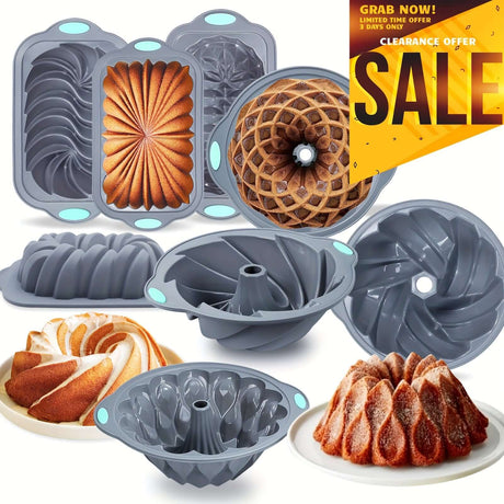 4pcs nonstick silicone cake pan set in various designs, ideal for baking fluted cakes, on sale, perfect for holidays.