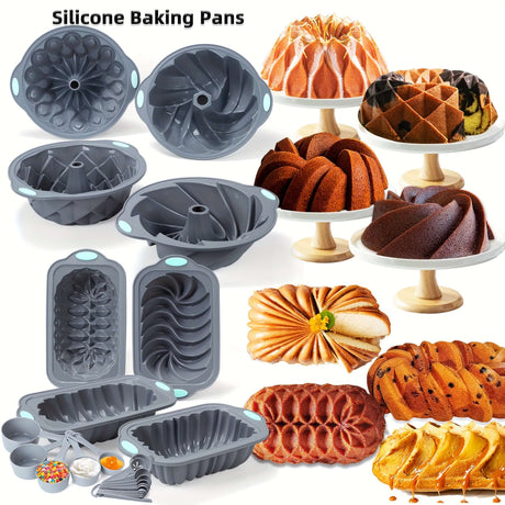 4pcs nonstick silicone cake pan set including fluted designs, perfect for baking cakes and pastries.