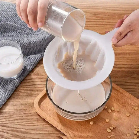 Ultra fine nylon filter mesh strainer pouring liquid into a bowl, perfect for colander and kitchen use.