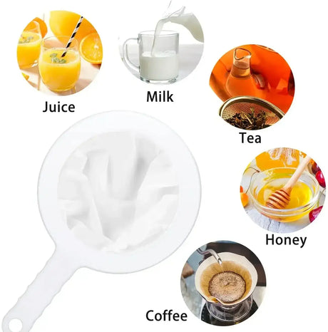 Ultra Fine Nylon Filter Mesh Strainer & Colander for juice, milk, tea, coffee, and honey with various liquids.