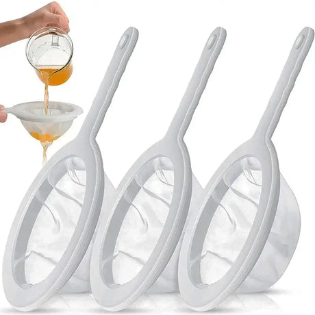 Set of three ultra fine nylon filter strainers, perfect for filtering liquids with ease and efficiency.