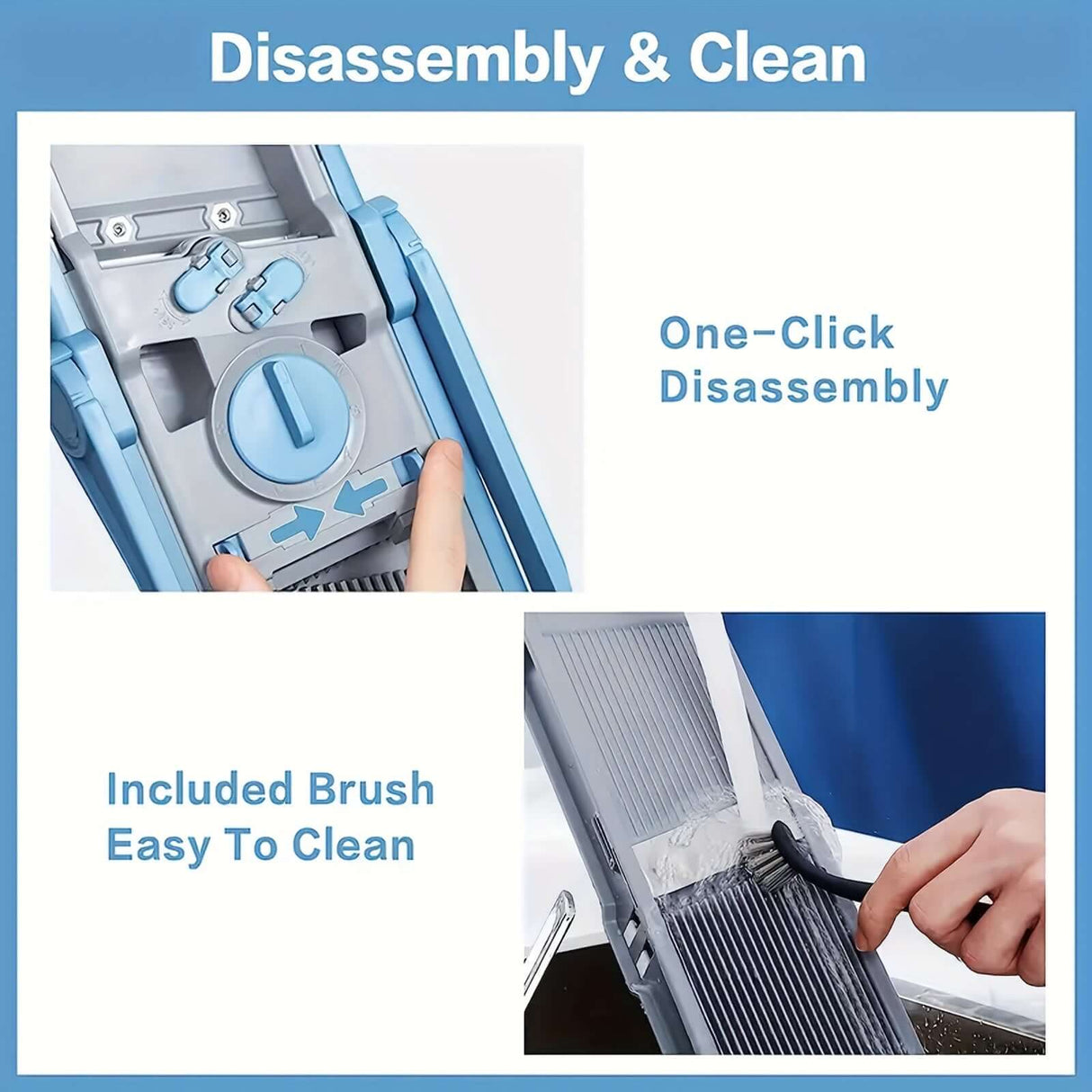 Image showing the GENAIC 5-in-1 Mandoline Slicer disassembly features and included cleaning brush for convenience.