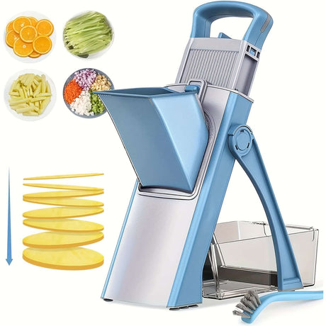 Safe 5-in-1 Mandoline Slicer by GENAIC, featuring stainless steel blades and a manual operation for versatile slicing.