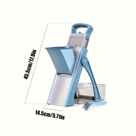 GENAIC Safe 5-in-1 Mandoline Slicer with measurements, featuring a stainless steel blade and ergonomic design.