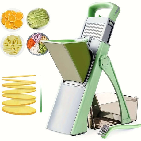 GENAIC 5-in-1 Mandoline Slicer with stainless steel blades and vegetable slices.