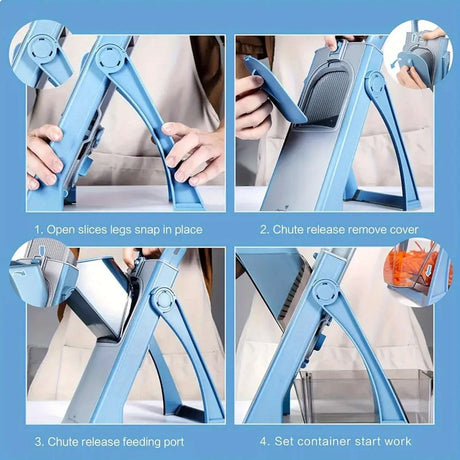 Step-by-step instructions for using the GENAIC 5-in-1 Mandoline Slicer, showcasing the manual operation features.