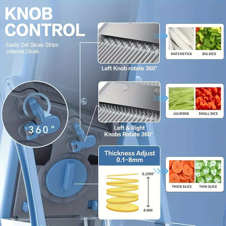 Knob control and thickness adjustments on the GENAIC 5-in-1 mandoline slicer for easy slicing, dicing, and julienne cuts.