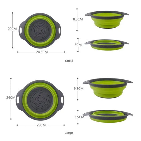 Silicone fruit and vegetable cleaning baskets, eco-friendly, collapsible colanders in small and large sizes.